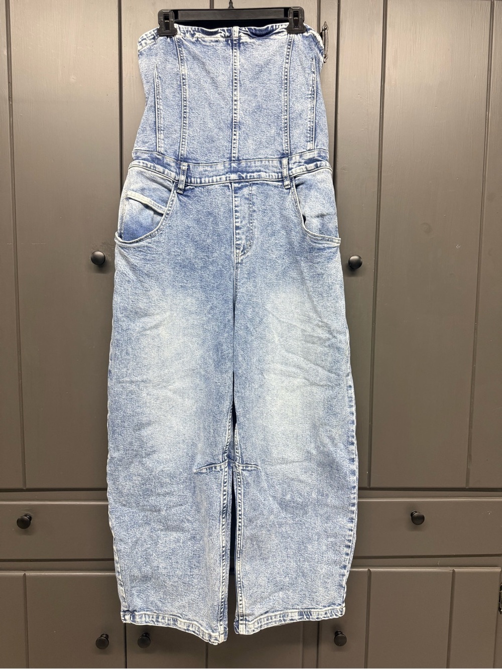 Oli & Hali Light Blue Denim Strapless Wide-Leg Jumpsuit